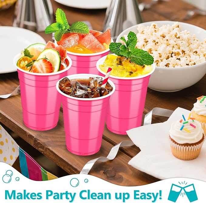 LANLISA 100 Hot Pink Plastic Cups, 16 oz Disposable Cups, Drinking Cups For Party Supplies