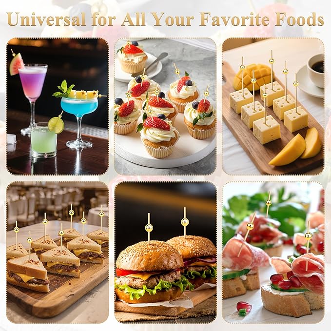 [300PCS] Cocktail Picks, Fancy Toothpicks for Appetizers Drinks Food Fruit, 4.7 IN Long Decorative Bamboo Skewers, Gold Pearl Wooden Garnish Sticks for Charcuterie Boards Accessories Party Supplies