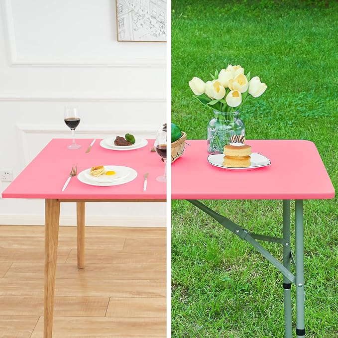 NEWISHER Fitted Rectangle Tablecloth 42 x 72 Inch Elastic Table Cloth Stretch Spandex Table Cover Pink Washable Polyester Table Top Cap Cover for Dining Picnic Camping Indoor and Outdoor