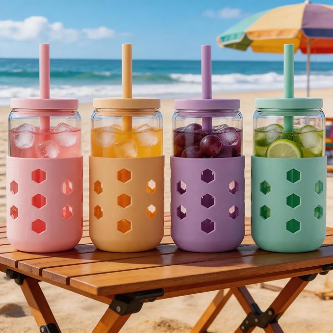 Mrsdry 20 oz Glass Cups With Lids and Straws, 4-Pack Iced Coffee Cup - Smoothie Cup With Silicone Lid and Sleeve for Coffee Bar Accessory, Cute Drinking Glasses Set Reusable Glass Tumbler for Gifts