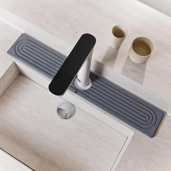 Stone Faucet Mat for Kitchen Sink, Quick Drying Mats, Water Absorbing Guard & Sink Protectors, Diatomite Bathroom Counter Tray, Kitchen Decor Home Accessories - Dark Grey, Medium, 19.7''x4''