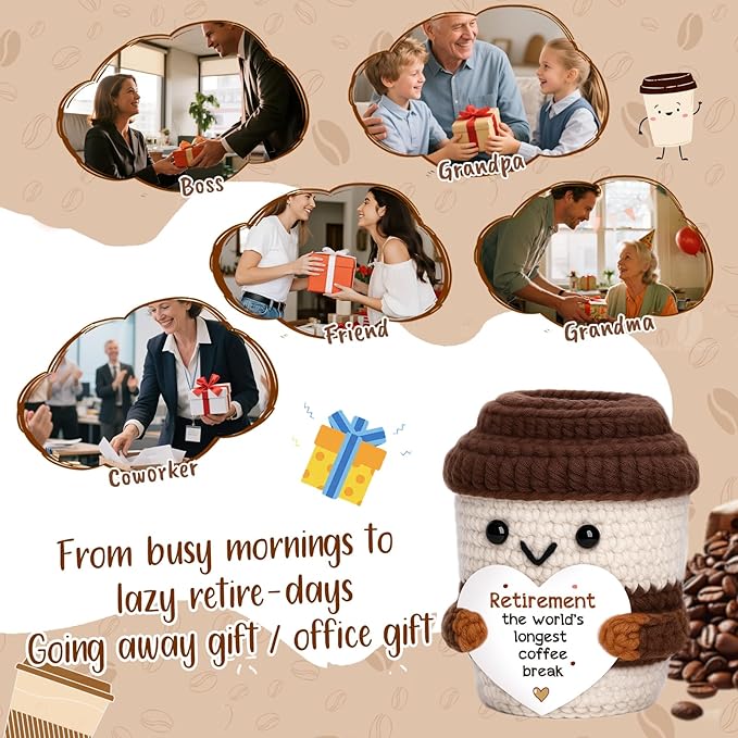 Mini Retirement Gift for Women Men Handmade Crochet Coffee for Coworker Mentors Leader Teachers Nurse Friends Mom Grandma Retired Farewell Going Away Goodbye Gifts for Women Men Retirement Party