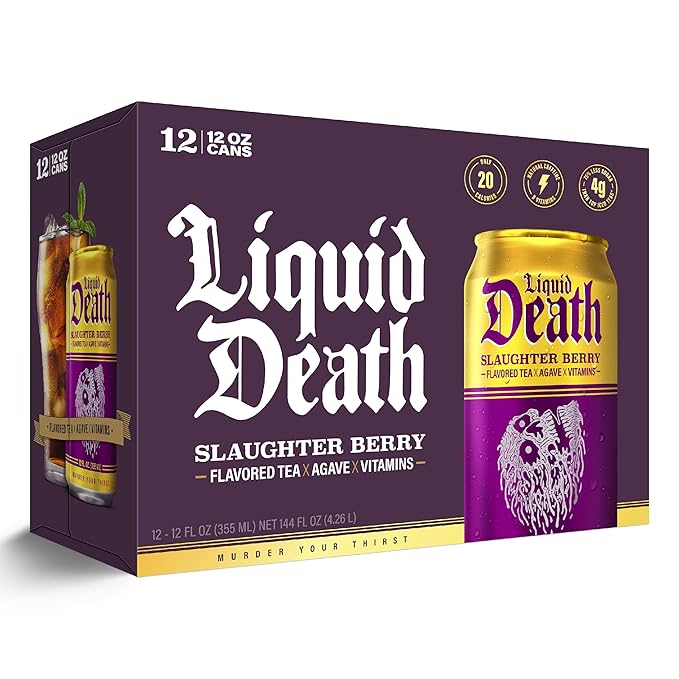 Liquid Death Iced Tea - Slaughter Berry (Raspberry-Flavored Black Tea), Less Sugar*, Boost of Caffeine, B Vitamins, No Artificial Sweeteners, 12 Fl Oz (Pack of 12)