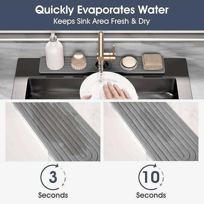 Quick Drying Stone Faucet Mat for Kitchen Sink - Diatomite Sink Mat Absorbing Stone Tray for Bathroom Counter, Sink Faucet Splash Guard Water Protector Matt for Kitchen Counter(Gray, 14" x 3.9")