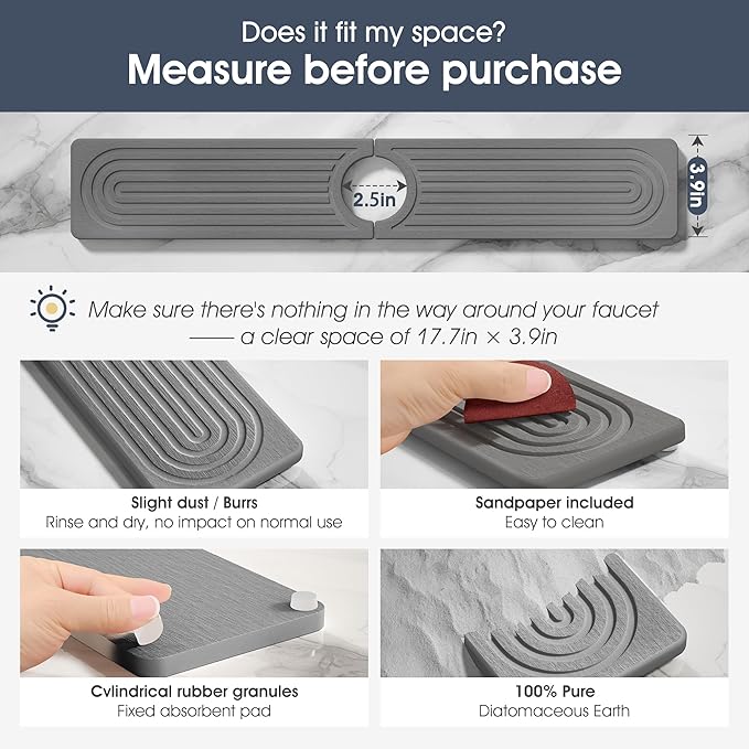 Quick Drying Stone Faucet Mat for Kitchen Sink - Diatomite Sink Mat Absorbing Stone Tray for Bathroom Counter, Sink Faucet Splash Guard Water Protector Matt for Kitchen Counter(Gray, 17.7"x3.9")