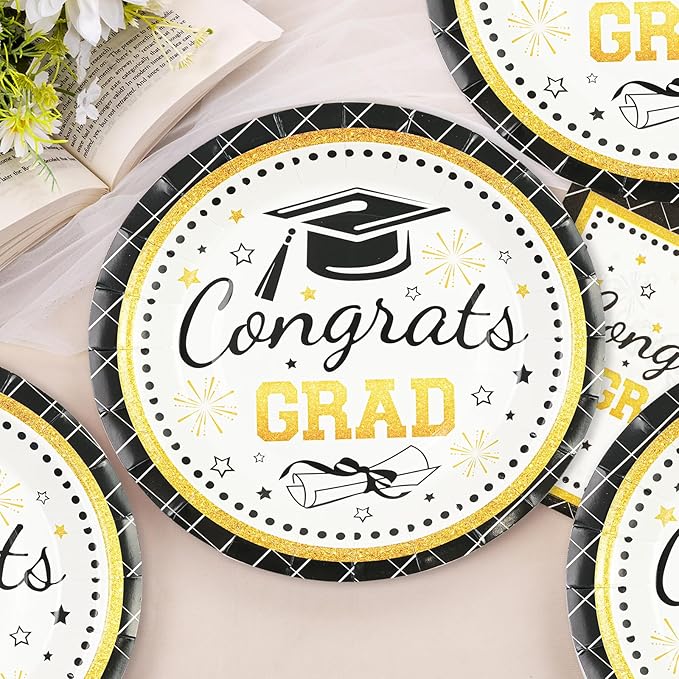 50PCS Graduation Plates Party Supplies, 7INCH Black and Gold Paper Plates and Napkins 2026 Graduations Party Decorations Disposable Tableware for College High School Congrats Grad Party Supplies