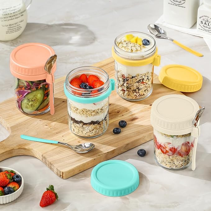 DRKIO 6 Pack Overnight Oats Containers with Lids and Spoons 16 Oz Glass Mason Jars for Overnight Oats Leak Proof Oatmeal Container Great for Cereal Fruit Vegetable Milk Salad Yogurt Meal Prep