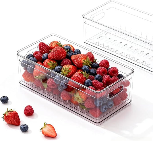 TAYUOOTransparent PET Fruit Draining and Washing colander food storage boxes plastic cookie containers refrigerator organizers (1, rectangle)