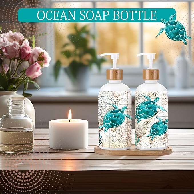 Potchen 2 Pack Glass Soap Dispenser Set Bathroom Decor Housewarming Gift Glass Soap Dispenser with Pump Wood Tray Home Decoration for Kitchen Bathroom(Sea Turtle)