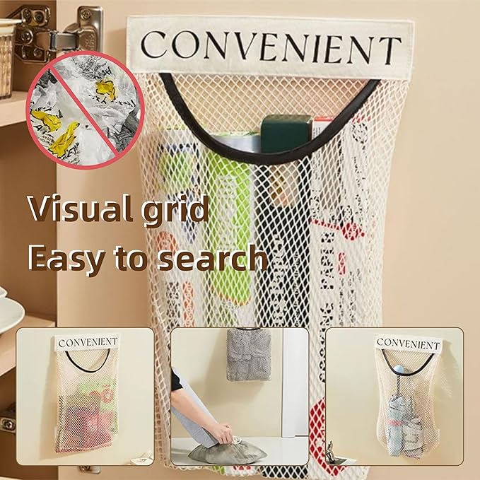 2 Pack Trash Bag Holder Dispenser Sticky Wall Mount Mesh Convenient Storage Organizer for Home Kitchen Grocery Plastic Shopping Garbage Bags Reusable Produce Tote Bag