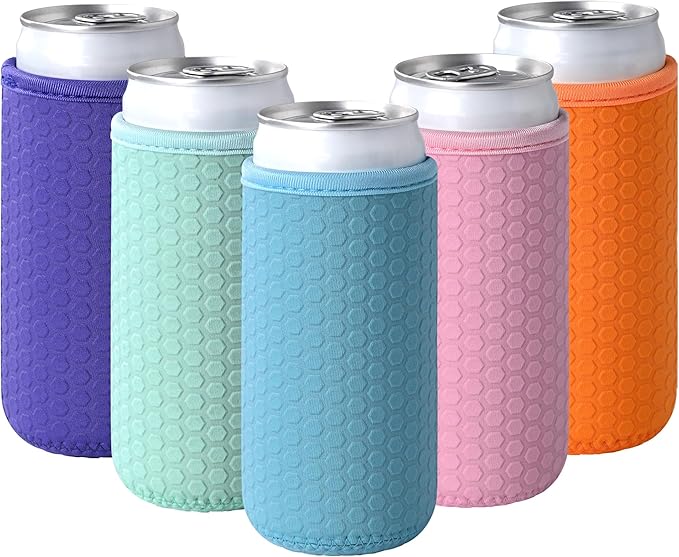 5 Pcs Insulated Slim Can Sleeve, Reusable Skinny Tall Can Cooler Sleeves, Non-slip Neoprene Beer Bottle Cover Holder for 12oz Slim Can Soda and Beer (Colorful2)