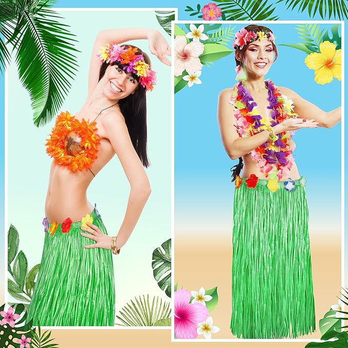 Hawaiian Party Table Skirt Decorations, 2PCS Green Luau Party Table Skirt Decorations, 108 X 29.5" Grass Skirts Luau Party Favors, Luau Table Skirt for Summer Tropical Hula Parties Decor Accessories