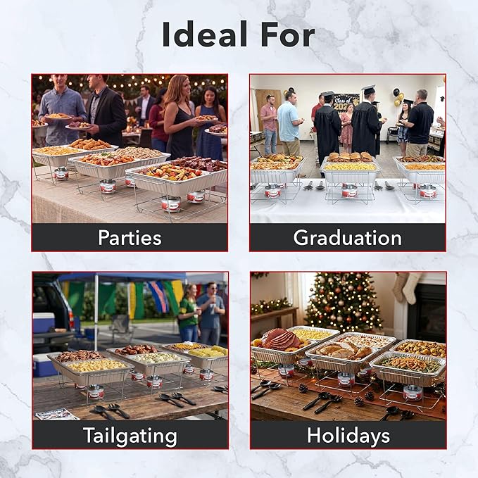 Sterno Disposable Chafing Dish Buffet Set, 6-Hour Food Warmers for Parties, Catering Supplies, Complete Buffet Set, Warming Trays (30pcs)