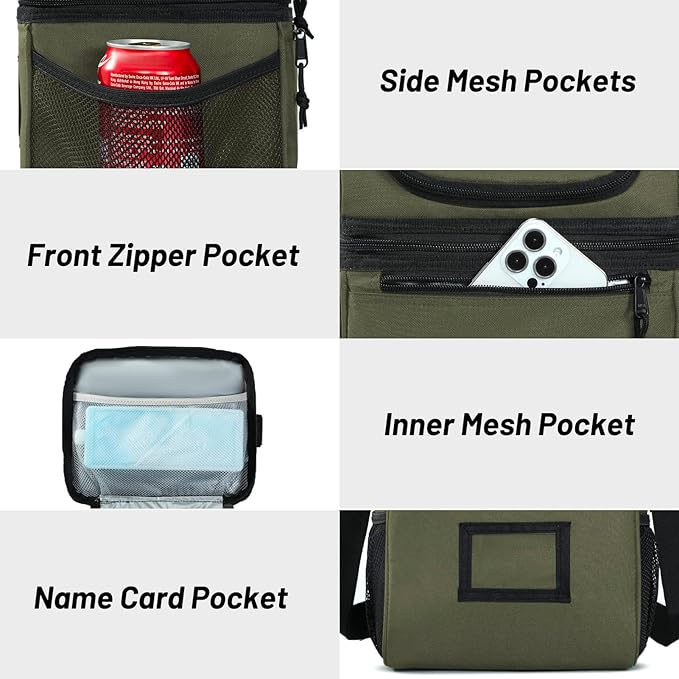 MIER Insulated Lunch Box Dual Compartment Lunch Bag Leakproof Cooler for Men Women Adult Work, Army Green, Medium (Upgraded Extra-Tall Bottom Layer)