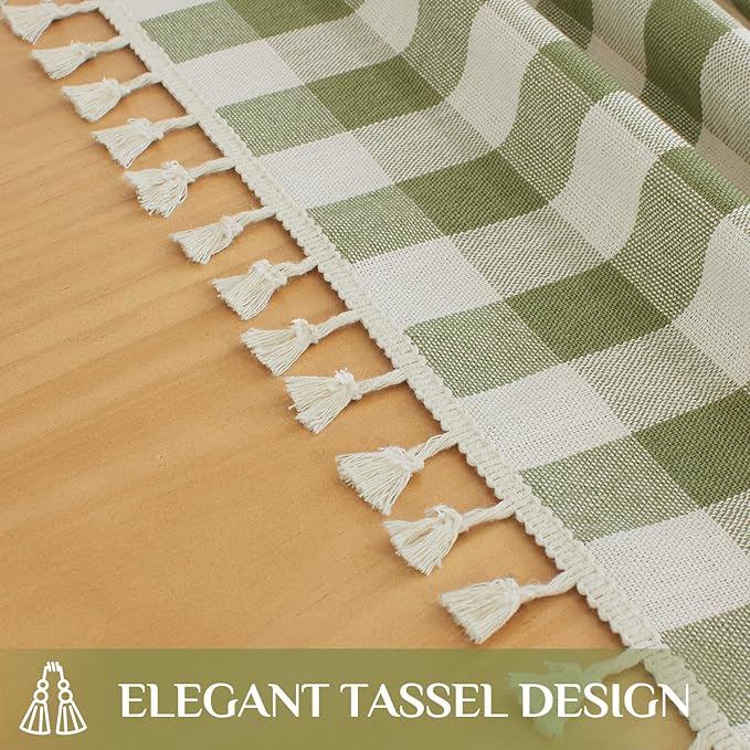 Softalker Outdoor Checkered Tablecloth Rectangle, Spring Summer Linen Cotton Gingham Table Cloth with Tassel, Heavy Duty Wrinkle Free Buffalo Plaid Table Cover for Picnic Camping - 55 x 120 Inch, Sage