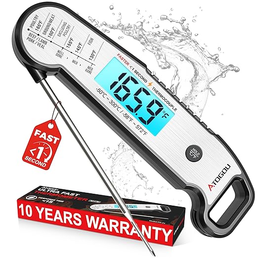 Atogou Professional Meat Thermometer Digital for Cooking Food, <1 Sec Instant Read & ±0.5℉ Accuracy, IP67 Waterproof, Thermocouple Sensor Probe, for Kithchen, BBQ, Grill, Silver