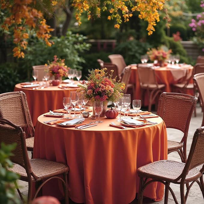sancua Thanksgiving Round Tablecloth 108 Inch Diameter, 6 Pack Rust Circle Polyester Fabric Fall Table Cloth for Holiday Party Reception, Washable Burnt Orange Table Cover (Fit 42-96 Inch Tables)