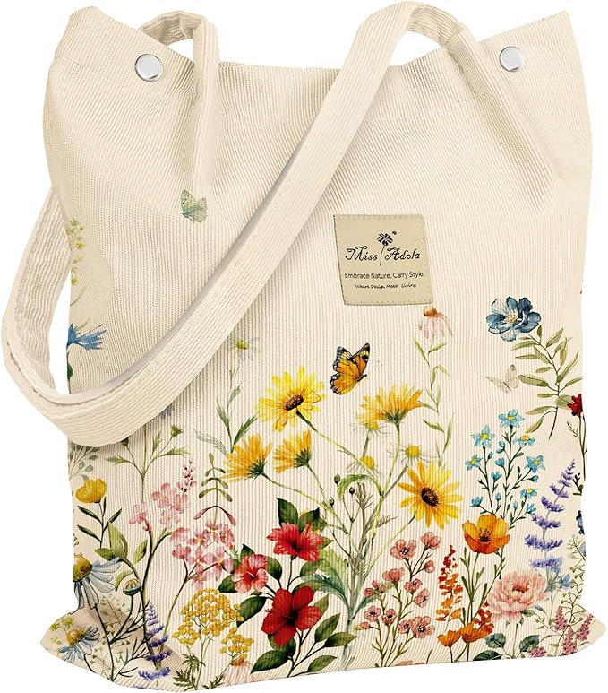 Miss Adola Corduroy Tote Bag for Women - Reusable Totes with Magnetic Buckle & Pocket Aesthetic Design Work Grocery Bags
