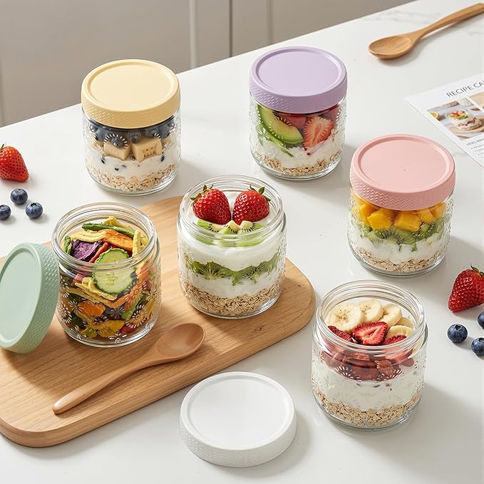 6 pack 16 oz Overnight Oats Containers with Lids, Glass Food Storage Container, Airtight Salad Jars, Mason Jars for Overnight Oats, Yogurt, Oatmeal, Salad, Coffee, Spices