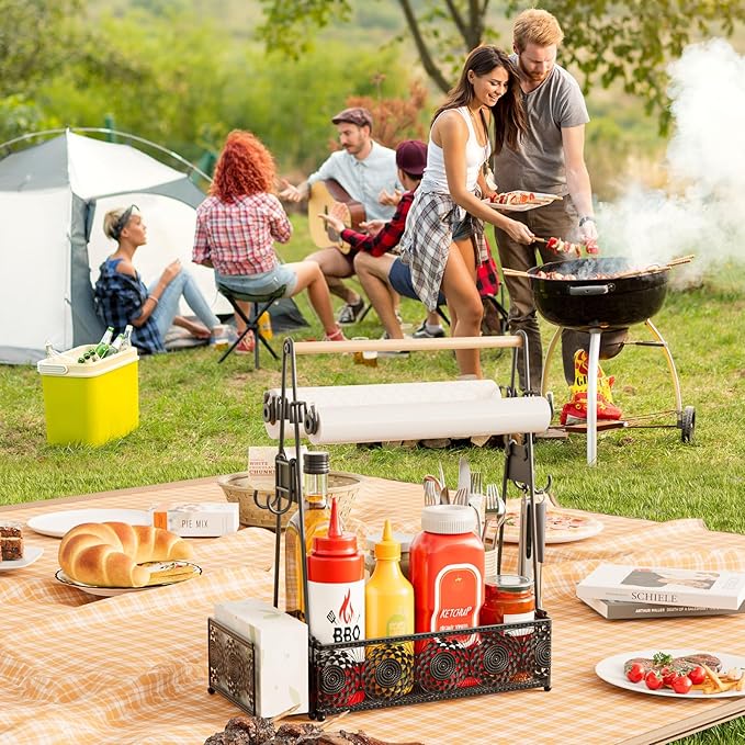 EKNITEY Camping Utensil Grill Holder: BBQ Condiment Griddle Kitchen Organizer With Handle - Caddy Storage For Travel Picnic