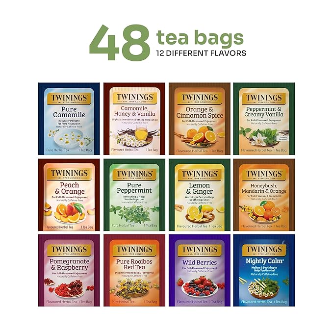 Twinings 48 Tea Bags Herbal Variety Pack – 12 Herbal Flavors, Caffeine-Free, Individually Wrapped, Perfect Tea for Any Occasion