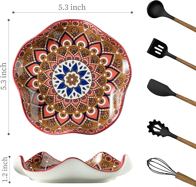 Spoon Rest for Stove Top, 5.3in Spoon Holder Utensil Rest, Ceramic Spoon Rests for Kitchen Counter Bohemian Style Cooking Gift for Housewarming
