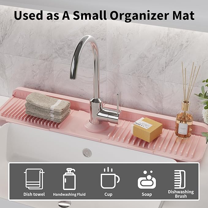 WAFT YEARN 24X5 Inch Silicone Durable Faucet Mat Kitchen Sink Splash Guard Draining Protector Tray Liner Absorbent Protective Counter Accessories For Sink Kitchen Bathroom Laundry Room Bar & RV Pink