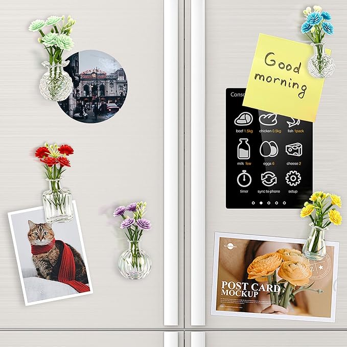 ZOYVUX Cute Mini Vase Magnets for Fridge, Tiny Plant Glass Vases with Flowers, Magnetic Refrigerator Decor for Kitchen, Office, Locker (5 Pack)