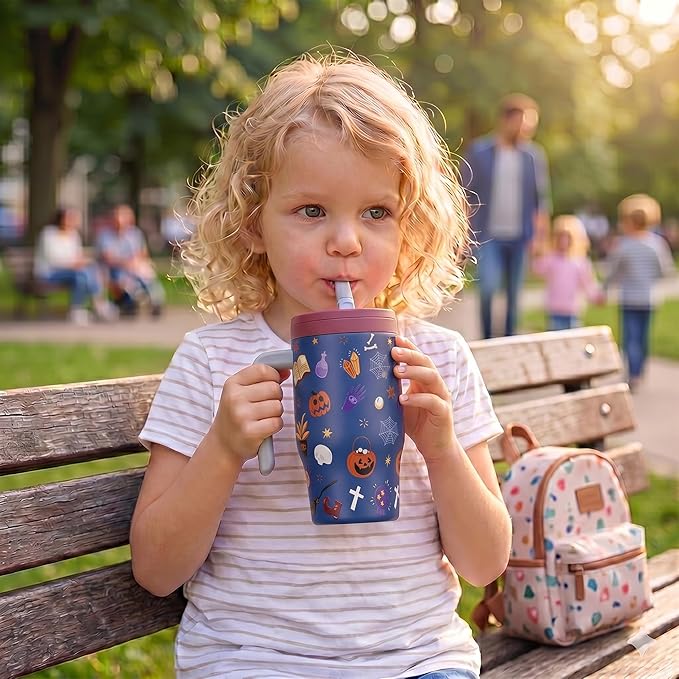 Fijinhom 18 oz Toddler Tumbler with Handle, Stainless Steel Insulated Water Bottle Coffee Mug with Straw, Toddler Cups, Kids Water Bottle for School, Sports, Travel, Ghostly Cuties