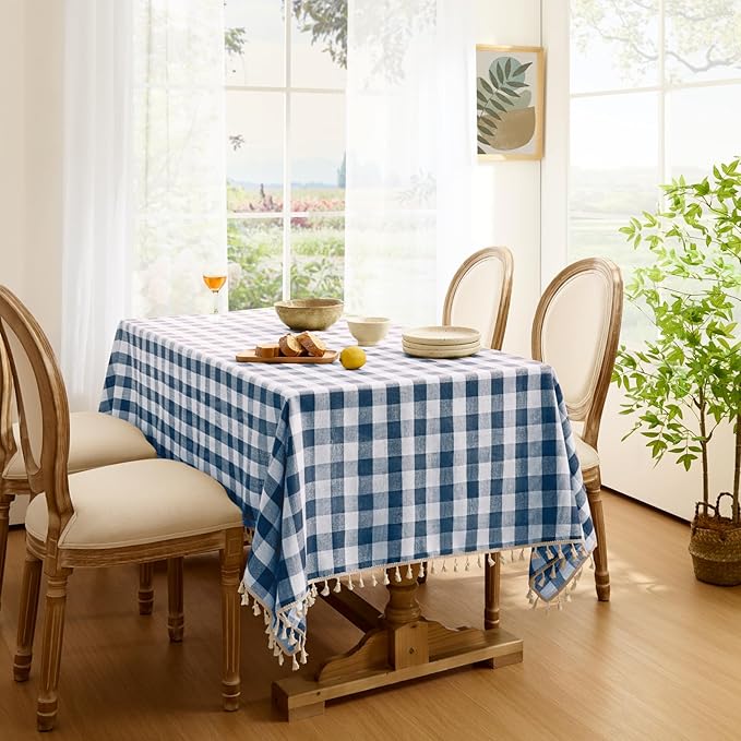 Softalker Checkered Tablecloth Rectangle, Outdoor Linen Cotton Gingham Table Cloth with Tassel, Heavy Duty Wrinkle Free Buffalo Plaid Table Cover for Kitchen Dining Summer Party - 55 x 70 Inch, Navy