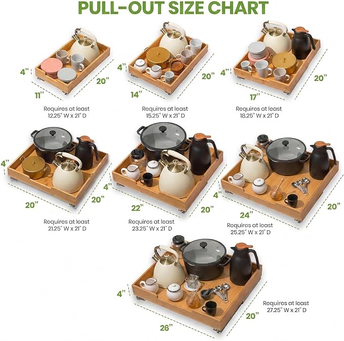 HOLDN’ STORAGE Bamboo Wooden Pull out Cabinet Organizer 20"W x 21"D Requires At Least a 21.25"W x 21"D Cabinet Opening W/Lifetime Limited Warranty, Bamboo Tray and Heavy Gauge Metal Rails
