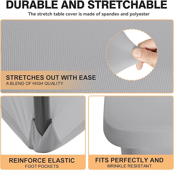 2 Pack 6 Feet Grey Spandex Tablecloth for Rectangular Tables, Fitted & Stretch, Washable, Wrinkle Resistant, Perfect for Event, Wedding, Party, Banquet, Cocktail, Festival, and Table Protector