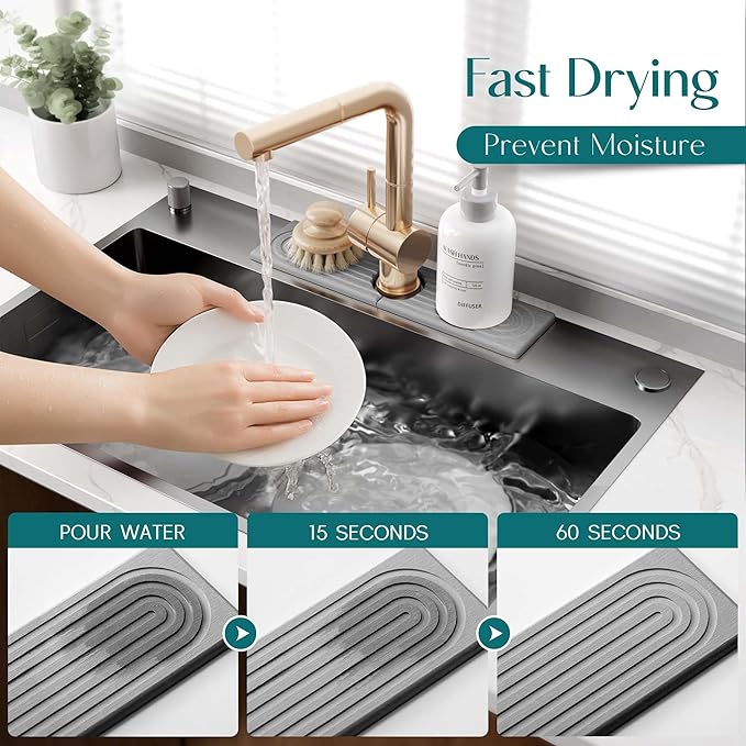 Kitchen Sink Faucet Mat - 15.7in Diatomite Sink Protectors for Kitchen Sink, Stone Sink Splash Guard for Kitchen Counter Sink Accessories (Grey, 15.7'' x 3.9'')