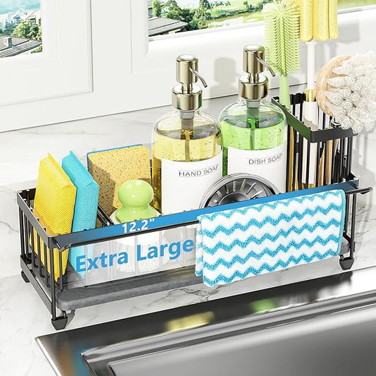 Cisily Large Sink Caddy Organizer with Towel Holder, Quick Dry Sponge Holder for Kitchen, Black Dish Brush Holder for Countertop, Kitchen Decor Storage and Essentials