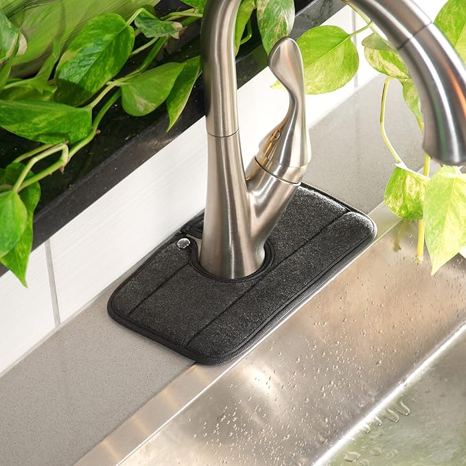 The Original Machine Washable Kitchen Sink Mat by Ternal, Absorbent Microfiber Fabric with Anti-Slip Silicone Backing, Splash Guard and Drip Catcher Around Faucet Handles. [2 Pack] (Black, Mini 9in)