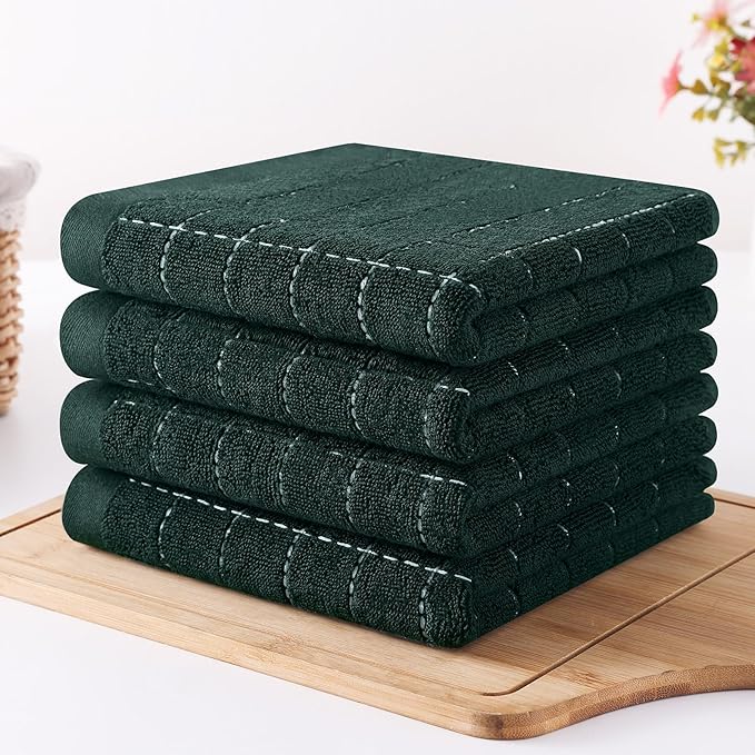 Homaxy 100% Cotton Terry Kitchen Towels(Blackish Green, 13 x 28 inches), Checkered Designed, Soft and Super Absorbent Dish Towels, 4 Pack