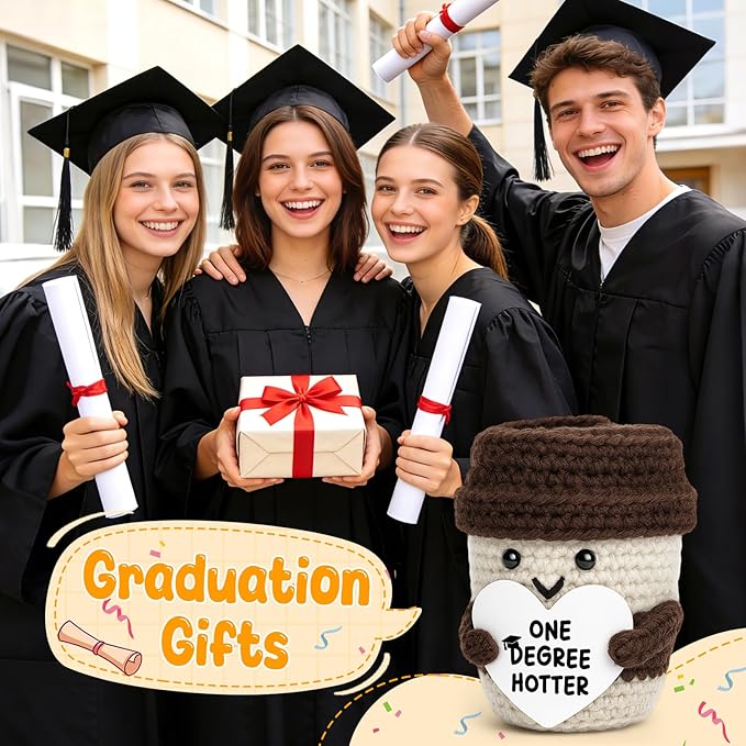Graduation Gifts for Her Him College High School University Grad Gifts for Women Men Handmade Positive Crochet Coffee Mug One Degree Hotter 2026 Funny Masters Degree Graduation Party Decorations