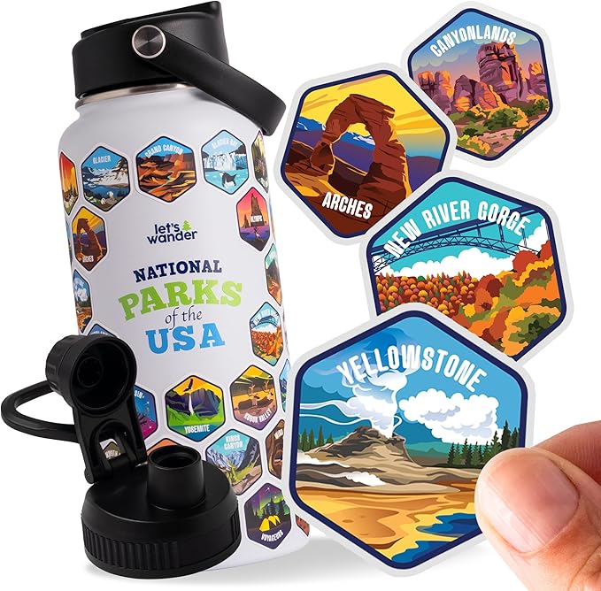 LET'S WANDER National Parks Water Bottle 2.0 Ultimate Bundle | Includes Straw Lid, Chug Lid & 2 Sets of 63 Waterproof Stickers | 32oz Leakproof Insulated Stainless Steel Gift Pack (White)
