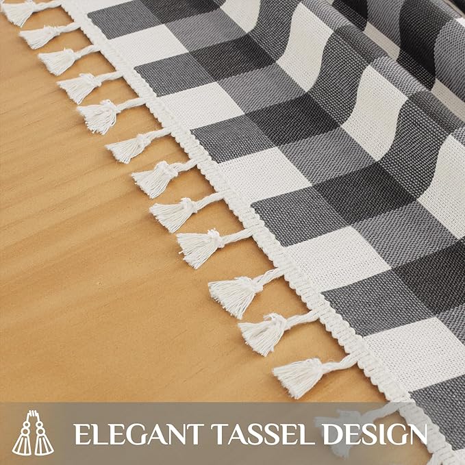Softalker Checkered Tablecloth Rectangle, Outdoor Linen Cotton Gingham Table Cloth with Tassel, Heavy Duty Wrinkle Free Buffalo Plaid Table Cover for Kitchen Dining Summer Party - 55 x 70 Inch, Black