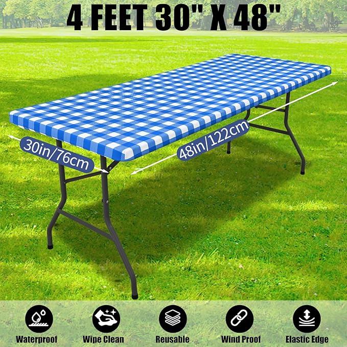 Smiry Picnic Table Cloth 2 Pack, Waterproof Elastic Fitted Tablecloths for 4FT Rectangle Tables, Washable Polyester Buffalo Plaid Tablecloth for Camping, Dining & Outdoor (Blue & White, 30" x 48")