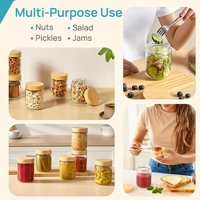 Vtopmart 12 Pack 16oz Glass Overnight Oats Containers with Bamboo Lids, Portable Wide Mouth Glass Jars Leak-proof, Reusable Glass Food Storage Containers for Yogurt Chia Pudding Salad Pickling Snacks