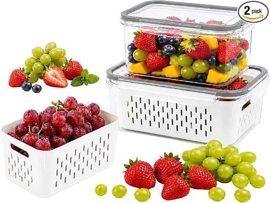 Fruit storage containers for fridge，with detachable drainer basket and airtight seal, stackable produce organizer, prolongs freshness of berries, greens, meats