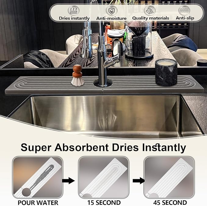 Faucet Mat For Kitchen Sink, 20" Diatomite Absorbent Faucet Mat, Sink Stone Quick Dry Around Faucet, Super Absorbent, Sink Splash Guard For Kitchen Counter (Gray)