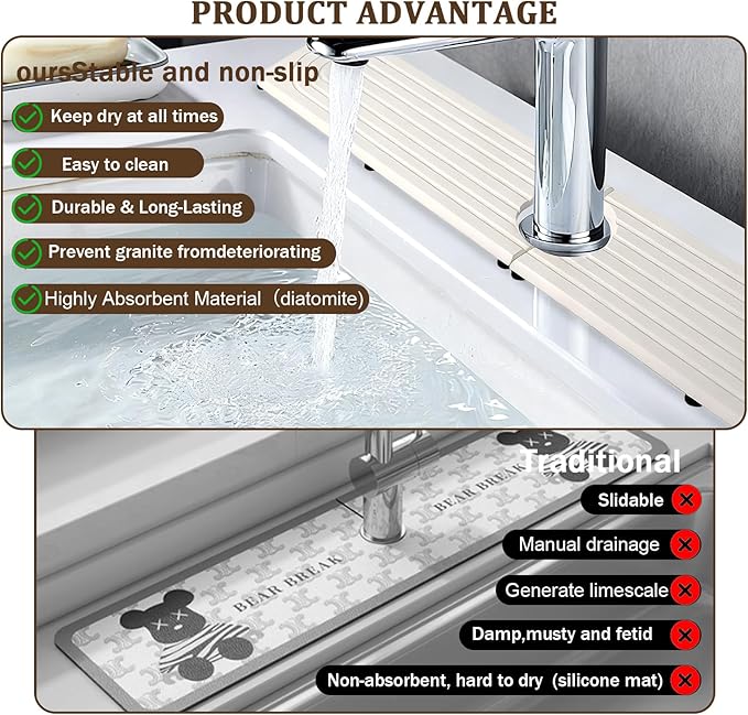 Fast Drying Faucet Mat for Kitchen Sink - 24 Inch Diatomite Quick Dry Stone Faucet Mat with Raised Feet for Kitchen Sink Splash Guard, Bathroom Stone Tray Counter Prevents Moisture Buildup