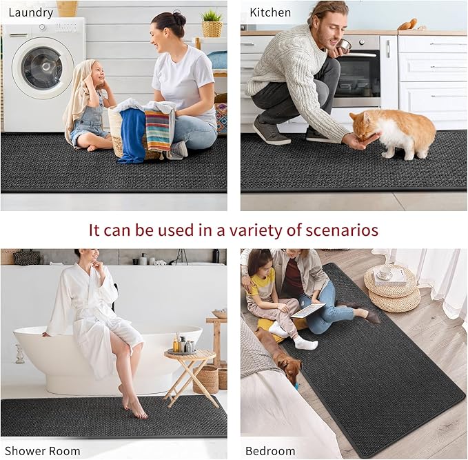 Kitchen Mats for Floor, Super Absorbent Kitchen Rugs Non Slip Washable, Soft Imitation Linen Braided Kitchen Runner Rug, Standing Mat Kitchens Sink Mat, Easy to Clean, Black 17x59