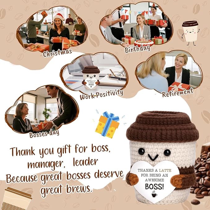 Mini Boss Gifts for Women Men Office Appreciation Gifts for Boss Lady Manager Leader Mentor Supervisor Handmade Crochet Coffee Cup for Retirement Promotion Farewell leaving Going Away Birthday Gift