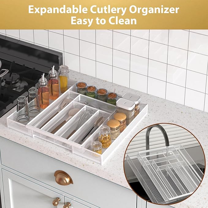 Silverware Organizer Metal Mesh, Large Drawer Organizer, Utensil Cutlery Tray for kitchen drawers, Expandable Flatware Organizer with 8 Compartment White 11.6"~20" x 17.3"