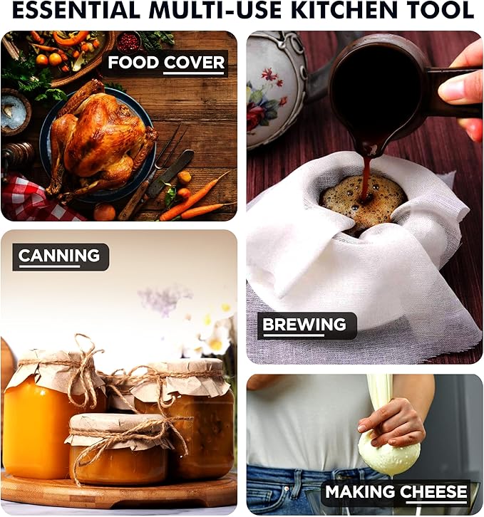 Unbleached Cheese Cloths 100 Grade, 12 Sq Feet - 1.4 Sq Yards 100% Organic Cotton Fabric - Reusable Ultra Fine Mesh Muslin Cloth - Cheesecloth For Straining Cooking,Baking,Cheese Making