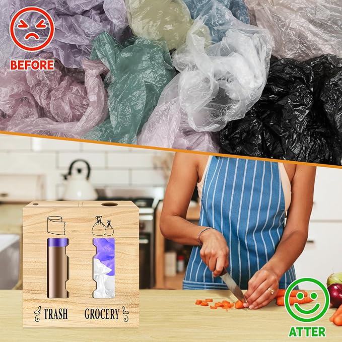 2 in 1 Trash Bag Dispenser and Grocery Bag Holder, Large Wooden Plastic Bag Holder, Wall Mount Trash Bags Holder for Grocery and Plastic Bags, Kitchen and Laundry Room Organization