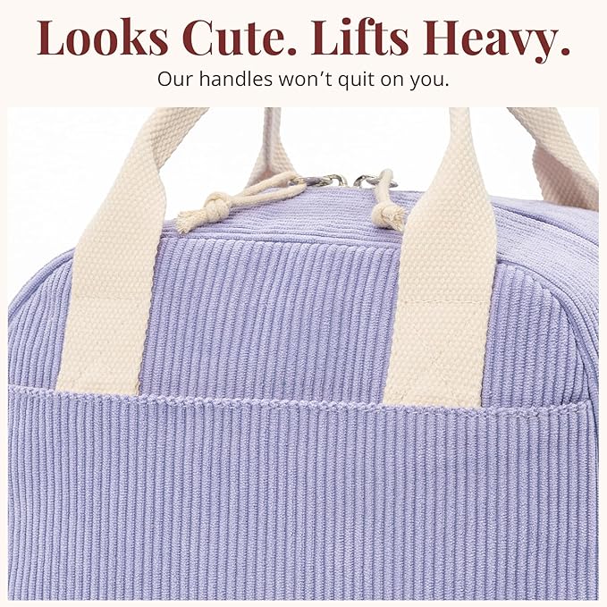 LOVELYWIND Insulated Purple Haze Lunch Bag for Women, Stylish Corduroy Tote with Aluminum Lining, Large Capacity Reusable Cooler for Work, Travel, or Beach, Beige Cream Water-Resistant Lunch Box